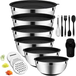 20-Piece Mixing Set with Airtight Lids – 6 Stainless (4.5QT, 4QT, 3.5QT, 2.1QT, 1.5QT, 1.1QT), 3 Grater Attachments, Non-Slip Bottoms, Perfect for Baking & Serving