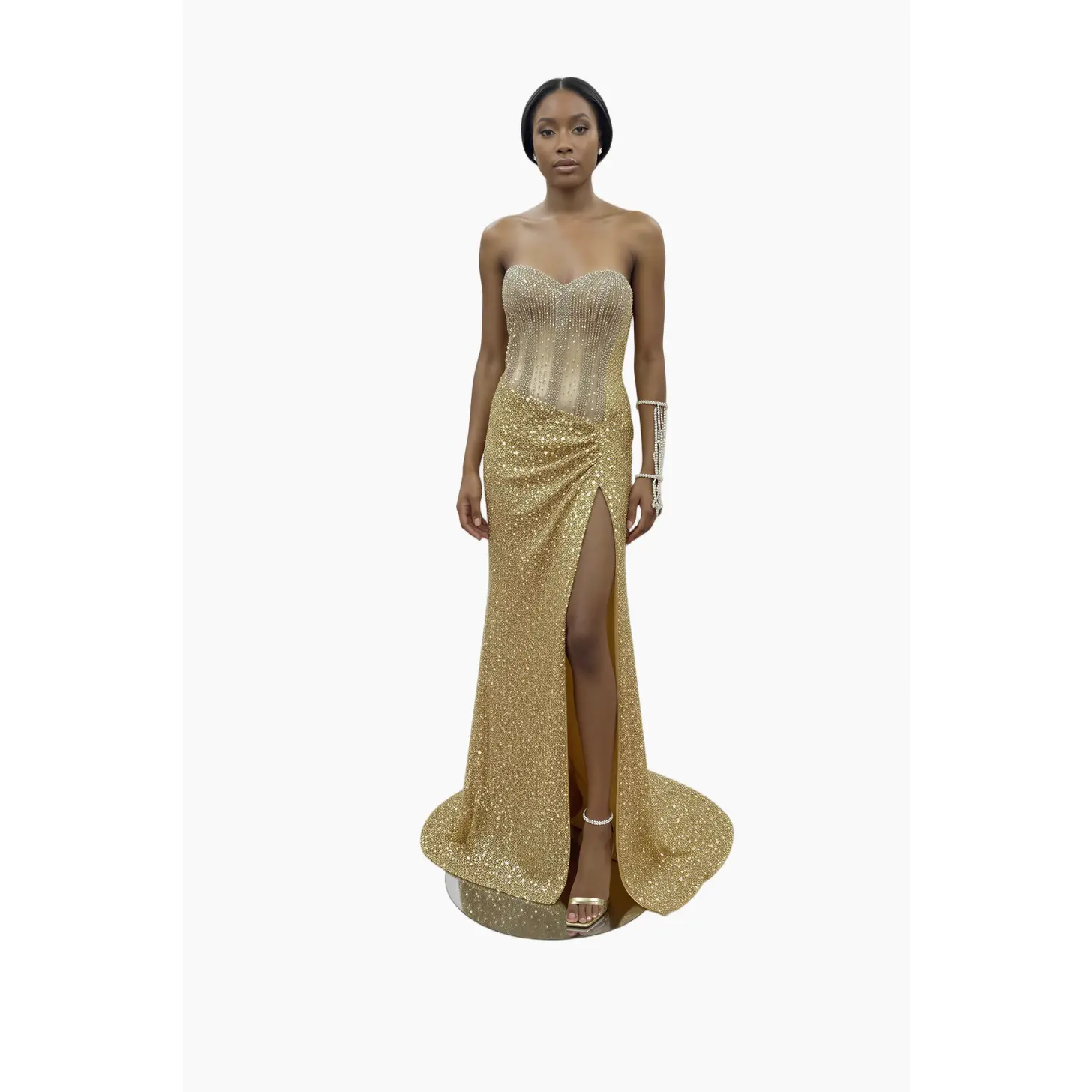 The Lux Glamorous Sleeveless Sweetheart Gown with Sheer Corset Bodice and Fully Sequined Skirt Floor-Length Summer Dress