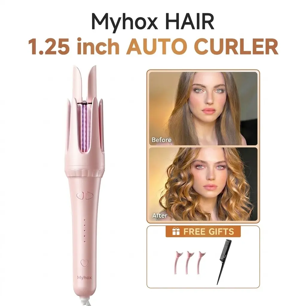 Myhox 1.25 inch Automatic Curling Iron - Auto-Rotating Hair Curler with 4 Heat Settings (Up to 390°F) | Tangle-Free, Anti-Scald & Auto Shut-Off for Effortless Salon Waves at Home Pink Pink