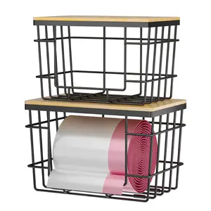 BATOTO 2 Pack Trash Bag Holder Extra Large Garbage Bag Dispenser with Bamboo Top Wall Mounted Stackable Storage for Kitchen Laundry Room Under Sink Organization
