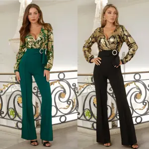 SEQUINS PRINT TOP FASHION JUMPSUIT - LONG SLEEVE, OVERLAP DETAIL, BUCKLE HARDWARE ON THE WAIST WITH TIE, ZIPPER IN THE BACK