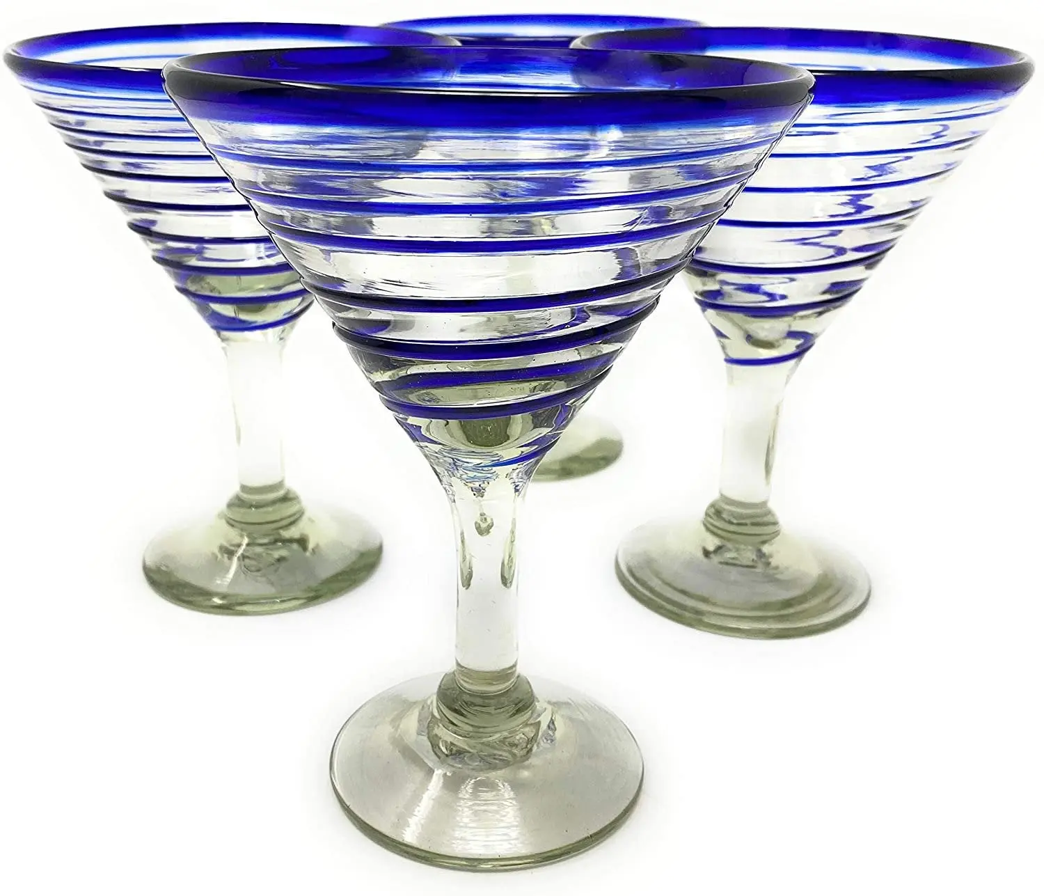 Cobalt Blue Spiral Design Modern Margarita Glasses - Martini Style - Set of 4 (12 oz each)