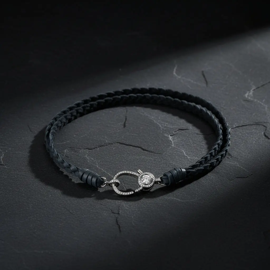 Braided Leather Wrap Necklace with Pave Diamond Lobster Claw Clasp