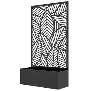 Black Metal Outdoor Privacy Screen with Raised Garden Bed Planter Box Wall Mounted or Freestanding Leaf Cut Out Trellis for Climbing Plants 44.5 Inch Tall for Patio Balcony