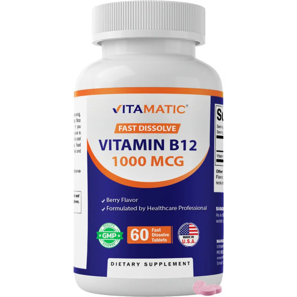 Vitamatic Fast-Dissolve Vitamin B12 Tablets, 1000 mcg, 60-Count Natural Berry Flavor Dietary Supplements, Dairy-Free Clean Nutrients, Healthcare Support for Energy Metabolism & Nervous System, GMP-Certified USA-Made Natural Supplements