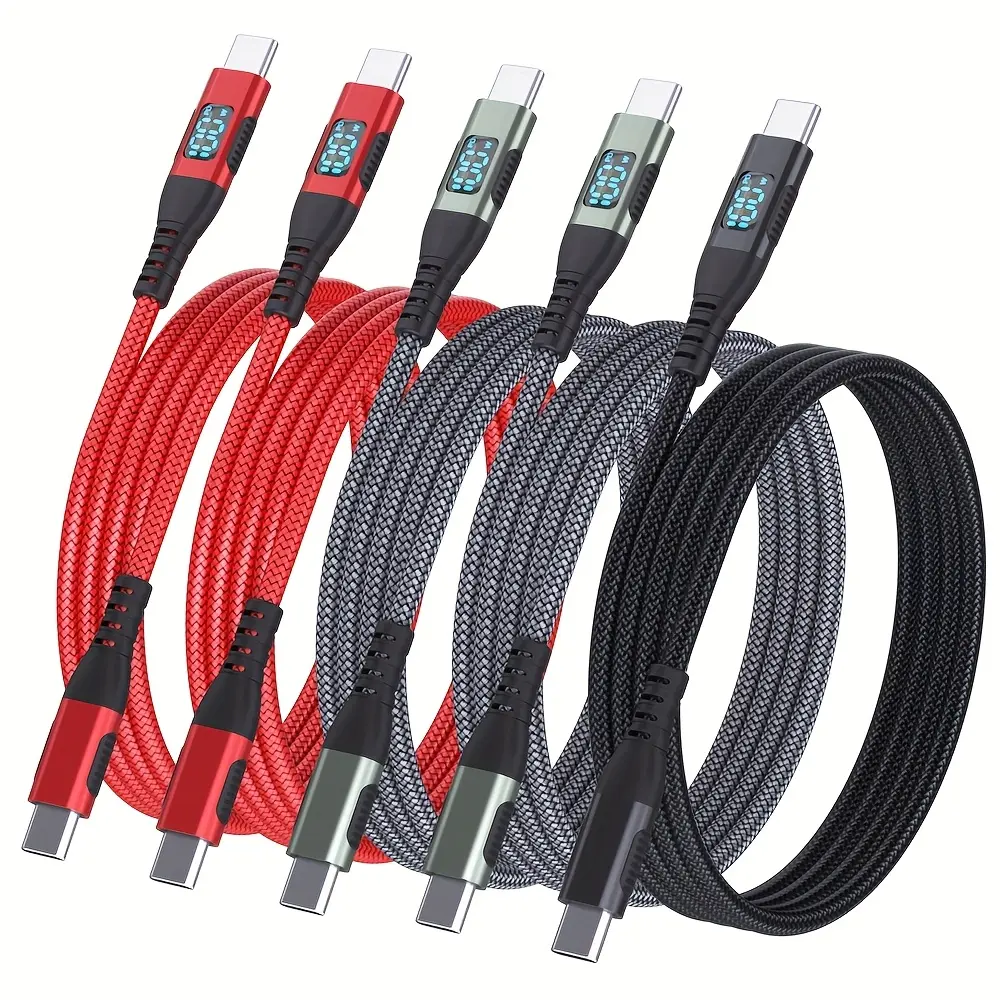USB C to C Cable, 5pcs USB C to USB C Cable with LED Display, Nylon Braid with Digital Display Type C PD 100W Cord Real Time Fast Charging for iPhone 15, iPad Air Pro, MacBook Pro, Galaxy S24/S23/S22, for All Type-c Devices. Black Red Green Blue Four