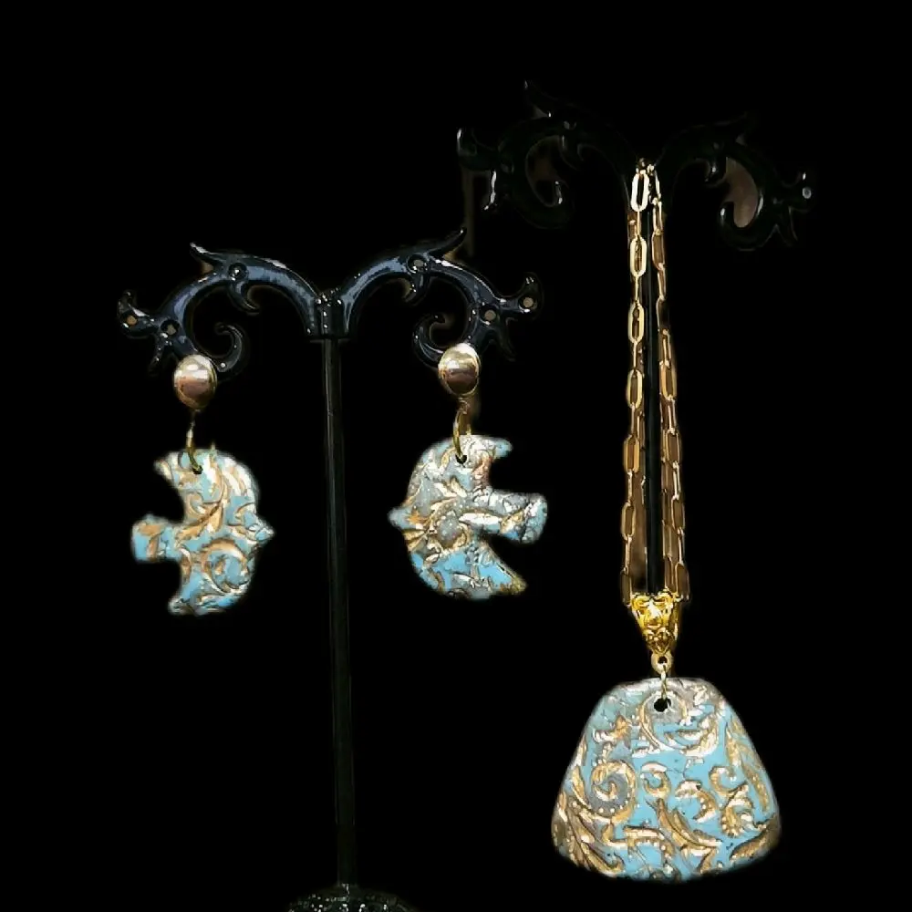 Handmade by Christy Women's Everyday Paisley 2-Piece Costume Jewelry Set - Faux Turquoise Polymer Clay Pendant w/Gold-Plated Paperclip Chain, Inlaid Foil Drop Earrings, Casual, Choking Hazard Small Parts, Great Gift for Turquoise Lovers