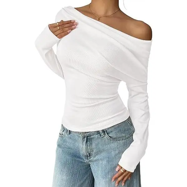 ZESICA Women's Off Shoulder Long Sleeve T Shirt Y2k Going Out Fall Tops | Asymmetrical Neck Slim Fit, Cute Trendy Shirts, Sexy Streetwear, Winter Layering Clothes, Date Night Outfits