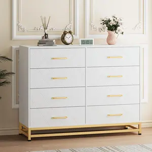 White Dresser TV Stand 8 Drawer Dresser for Bedroom Wooden Chest of Drawers Modern Entertainment Center with Metal Handles and Legs Wide Dresser Storage Organizer for Living Room Hallway