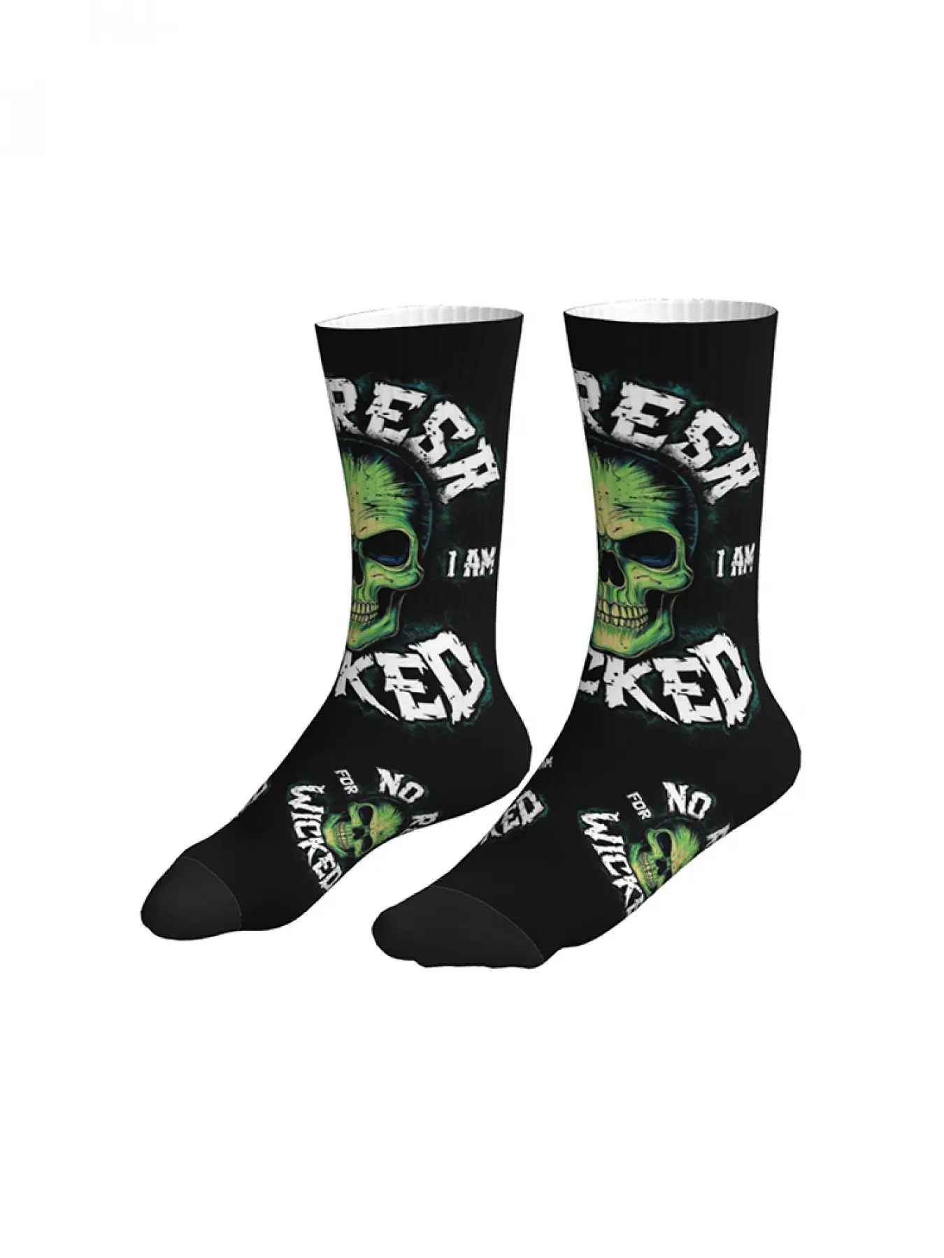 Men Black Background I Am Wicked Green Skull Mid Calf Novelty Fun Socks Dark Punk Rock Streetwear Socks