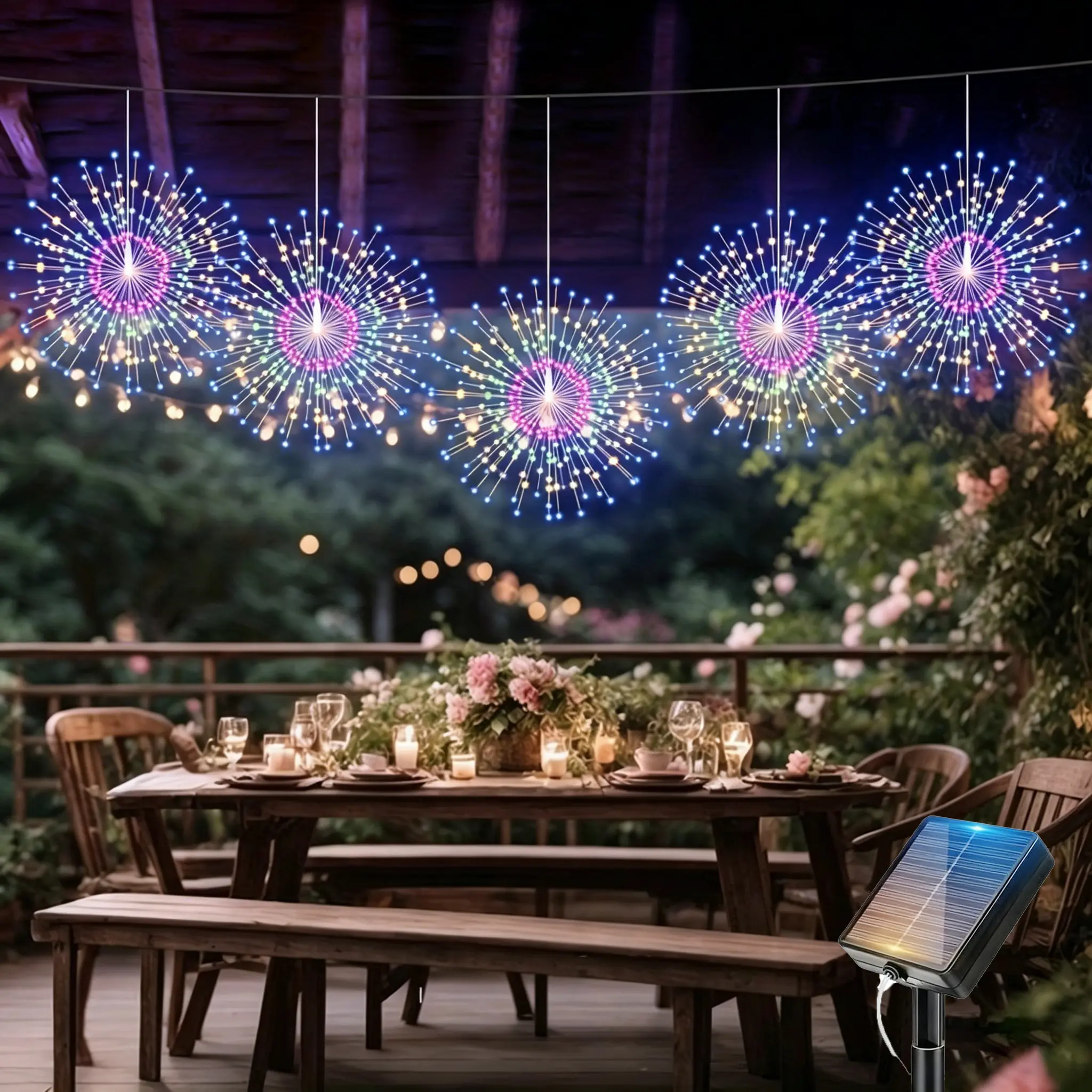 5-Strings Solar Outdoor Fireworks Lights Set - 450 LEDs (90 LEDs/Strand), Bronze Frame, 0-5 W, Starburst Glow Sphere, IP44 Water Resistant, Battery-Powered, Outdoor Decor for Courtyards, Gardens (for Festive Decorating)