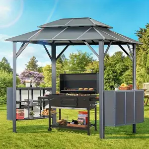 8 x 6 FT Permanent Aluminum Grill Gazebo Double Roof Patio Shelter with Ceiling Hooks and Shelves, Durable Outdoor Gazebo for Lawn, Garden, and Backyard