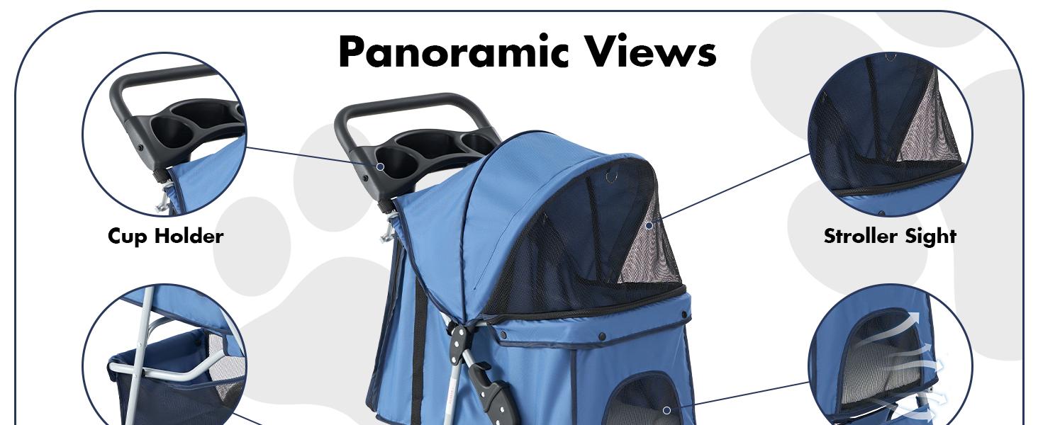 Foldable Pet Stroller for Small Medium Dogs and Cats, 3-Wheel Travel Dog Stroller with Adjustable Canopy, Cup Holder, Removable Pad and Extra Large Storage Basket, 33 lbs Capacity, Blue