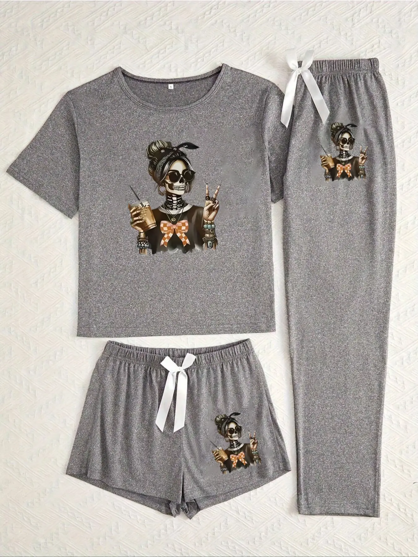 Halloween Skull Girl Print Pajama Chic Set Knit Pjs for Women, Fitted Pajama Sets, Casual Fitted Sleepwear Loungewear, All Seasons Comfortable Nightwear, Moderate Fabric Thickness, Everyday Womenswear
