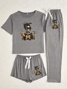 Halloween Skull Girl Print Pajama Set for Women, Casual Fitted Sleepwear Loungewear, All Seasons Comfortable Nightwear, Moderate Fabric Thickness
