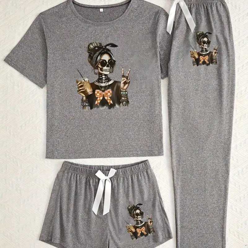Halloween Skull Girl Print Pajama Chic Set Knit Pjs for Women, Fitted Pajama Sets, Casual Fitted Sleepwear Loungewear, All Seasons Comfortable Nightwear, Moderate Fabric Thickness, Everyday Womenswear