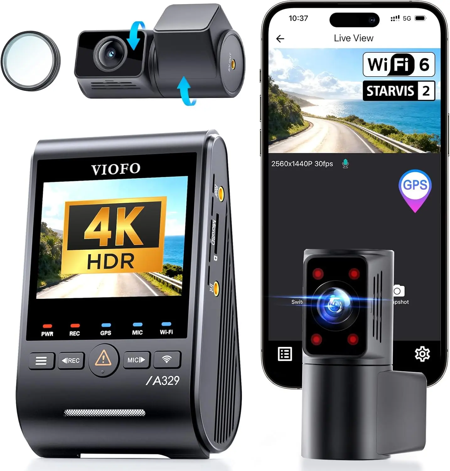 A329S 4K 3 Channel Dash Cam, 4K Front + 2K Cabin Fisheye (210°) + 2K Rear, Power Saving Parking Mode, Wi-Fi 6 App Control, All-Channel STARVIS 2 Sensors, Supports up to 4TB SSD Storage