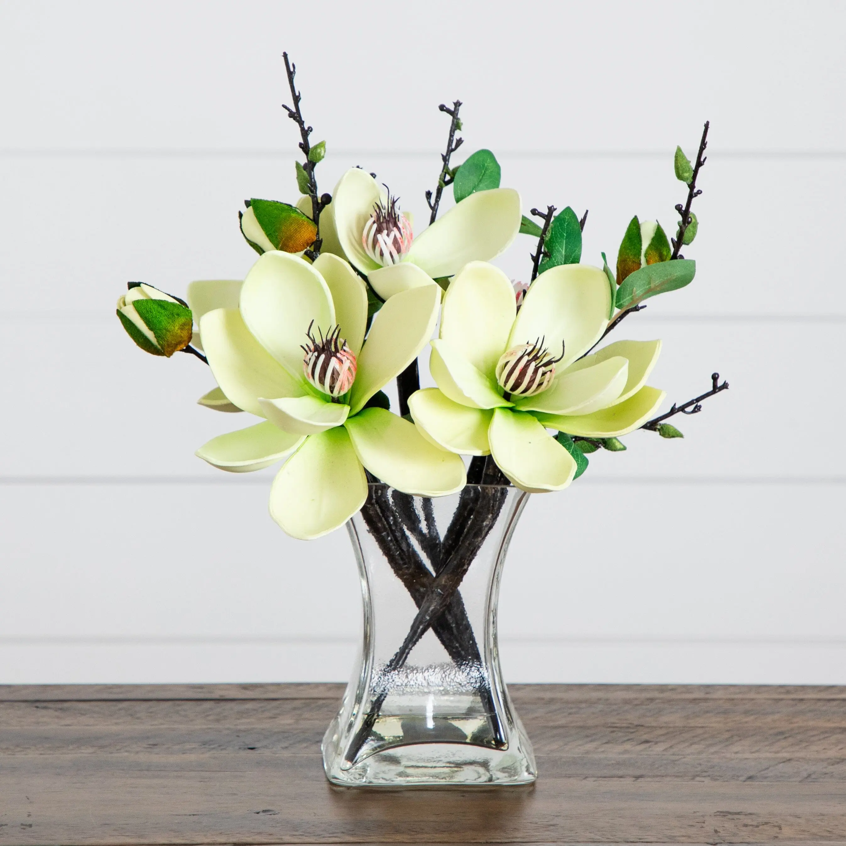 Artificial Magnolia Decorative Bouquet with Glass Vase, Fake Indoor Arrangement for Home Decor