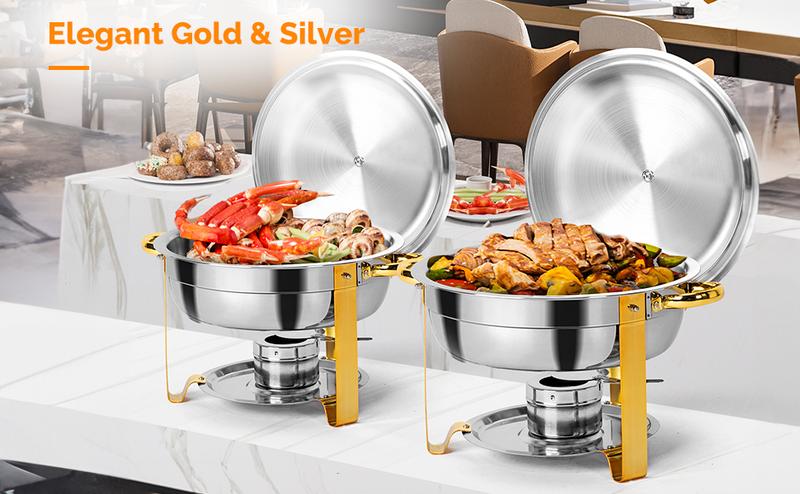 ROVSUN 2/4 Packs Gold Chafing Dishes for Buffet, 5QT Round Chafing Dish Buffet Set, Stainless Steel Chafers and Buffet Warmers Sets for Parties Weddings Catering
