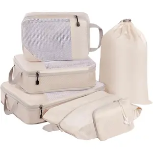 6 Set Compression Packing Cubes Travel Accessories Expandable Packing Organizer Bags Mesh Lightweight (Beige)