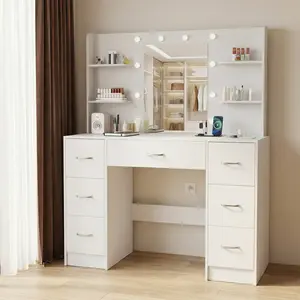Large Vanity Set with Mirror, LED Lights, and Power Outlets，Featuring 7 Drawers and 4 Storage Shelves，Suitable for Bedrooms and Bathrooms — White