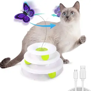 All For Paws Interactives Tower of Tracks with Butterfly Cat Toys Motion Toy White 3-Level USB Rechargeable for Endless Fun Rolling Ball