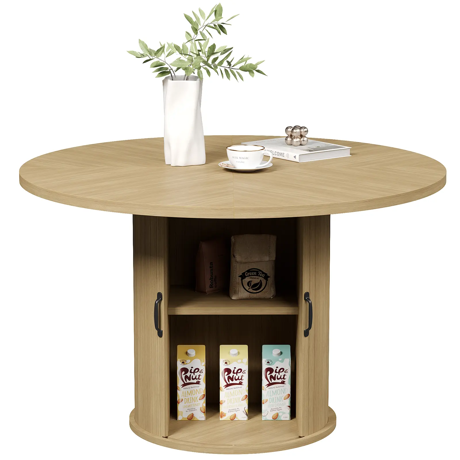 47" Round Wood Storage Dining Table - Modern Fluted Design, 2-Layer Storage with Sliding Door, Farmhouse Indoor Kitchen Furniture for 4, 2-tier Casual Curvilinear Furniture-style Dining Table, 2-Tier Dining Tables, Casual Dining Tables