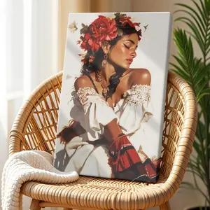 Mexican Floral Latina Portrait Canvas Print, Romatic Wall Decor, Southwestern Art, Rustic Mexicano Wall Art, Chicano Painting, Wrapped Framed Canvas Wall Art, Vintage Prints Poster - Framed, Vertical