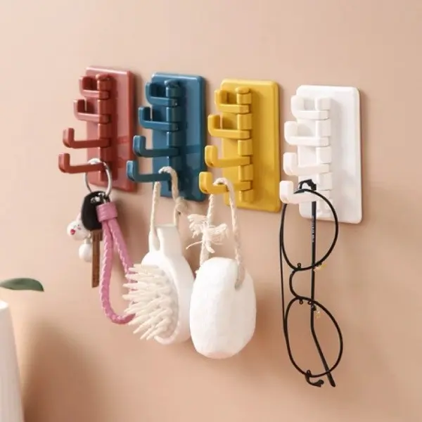 4 Pack Foldable Accordion Adhesive Wall Hooks, No Drill Multi Swivel 4-Hook Rack, Colorful Self Stick Hanging Organizer for Bathroom Towels, Kitchen Utensils, Entryway Keys, Glasses & Shower Accessories