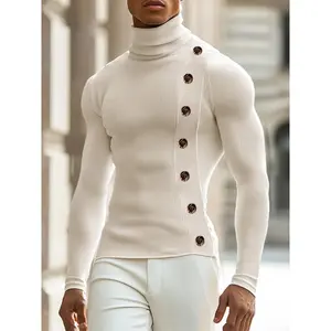Men’s casual high-neck long-sleeve solid-color knitted polyester turtleneck T-shirt tops with button details, suitable for autumn and winter seasons
