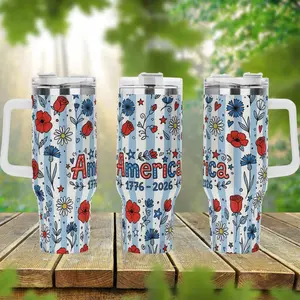 America 250th Birthday 40oz Tumbler, Patriotic Floral Stainless Steel Cup with Handle Lid and Straw, USA Independence Drinkware, Travel Tumbler, American Flag Gift, Fourth of July Cup