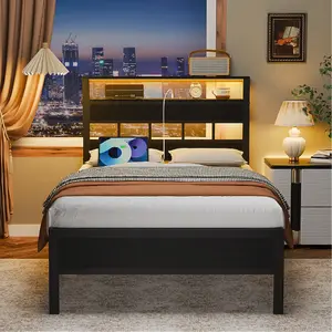 Furologee Twin Size Bed Frame with Charging Station and LED Lights Wood Headboard with 2 Tier Storage Shelves Metal Slats Platform No Box Spring Needed Black Oak