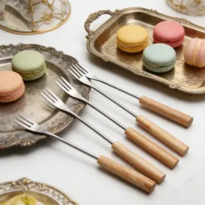 6 Stainless Steel Mini Forks with Wood Handle, Perfect for Fruits Cheese Plates Chocolate Fondue Hot Pot Outdoor BBQ Reusable