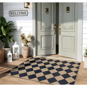 Colette Checkered Easy Jute 3x5 Rug, Washable Rugs for Entryway Indoor Living Room Carpet, Farmhouse Non Slip Black Door Carpet for Backyard Bedroom