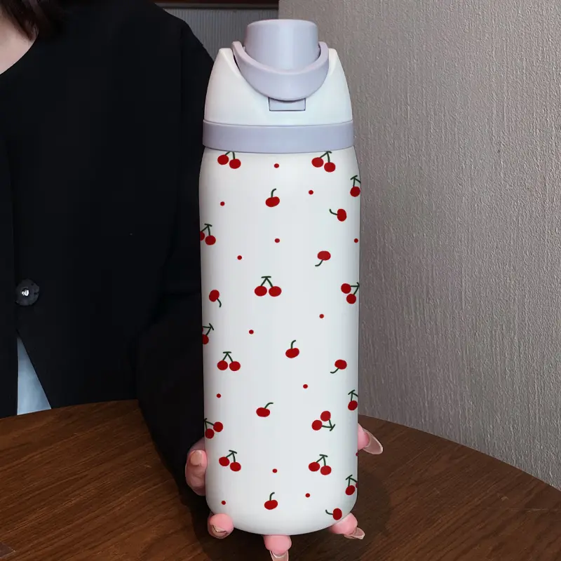 32oz Cherry Blossom Dual-Use Sports Water Bottle, Insulated Drink Tumbler, Insulated Drinkware, Stainless Steel Vacuum Insulated, Large Capacity Fruit Cup, Perfect Gift for Women, Thermal Bottle, Insulated Water Bottles