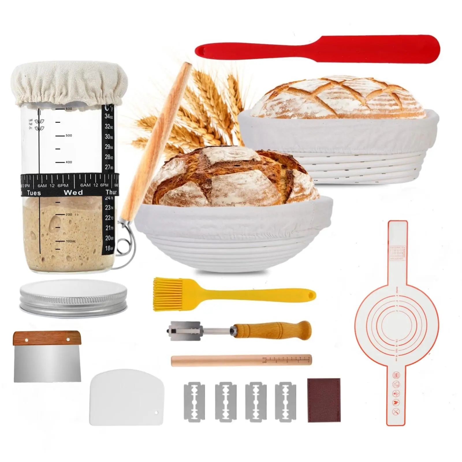 Banneton Bread Proofing Basket Set, 1 Set Oval & Round Bread Baking Supplies, Bread Lame & Food Brush & Dough Scraper Utensils Kit, Baking Accessories