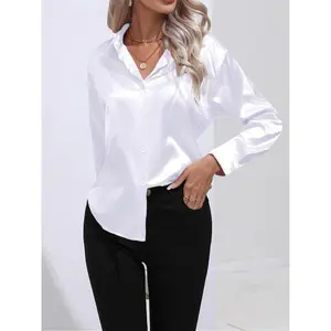 Women’s plain satin button-up shirt, elegant long-sleeved collared top, suitable for work, office, business, and all seasons GARMENTARY