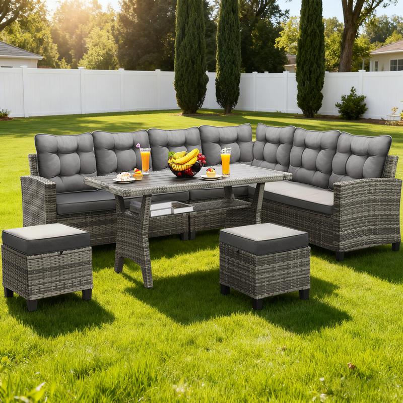 Viral Patio Pick! 6 Piece All Weather Wicker Set , Sectional Sofa Dining Chairs , Table , Cozy Outdoor Lounge for Poolside Hangouts, Friend Gatherings and Sunset Drinks , Durable Black Cushions