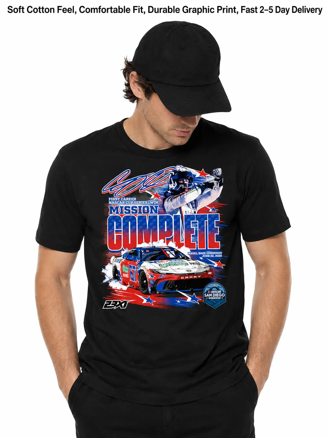 Connor Zilisch #67 Mission Complete NASCAR T-Shirt, First Career Cup Series Win Graphic Tee, San Diego Race Car Shirt for Race Day Fans | Menswear & Underwear - Men's Tops - T-shirts - Men's Short-sleeve T-shirts