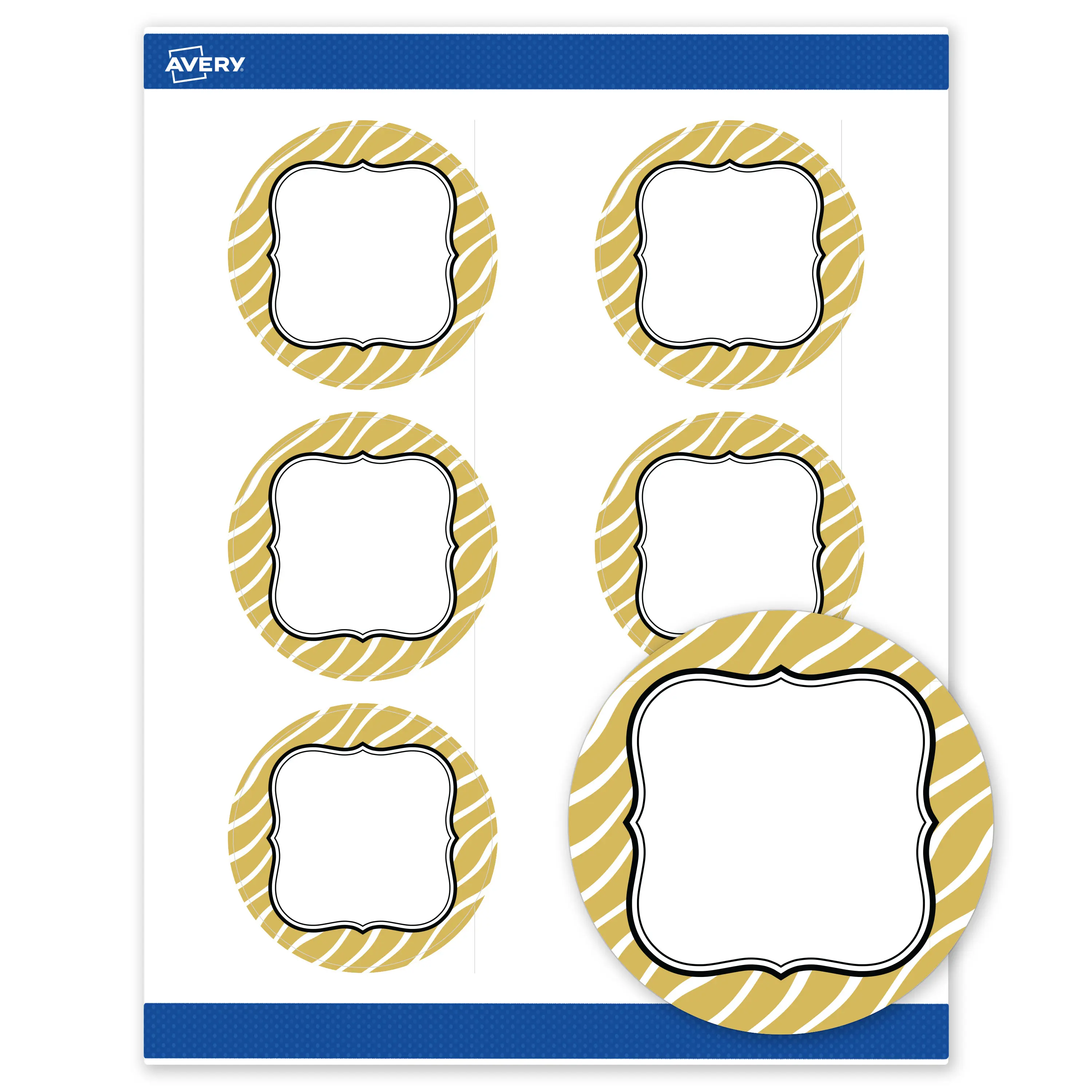 Avery Printable Round Labels, 3" Diameter, Matte White, Pre-printed Metallic Gold Zebra Pattern Design, Sure Feed Technology, Laser & Inkjet Compatible, 120 Total