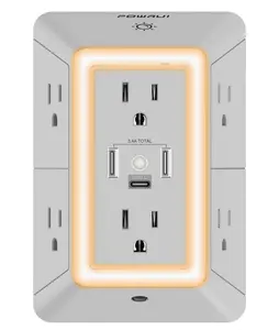 Outlet Extender Power Strip, POWRUI 6 AC Surge Protector Outlets with 3 USB Ports (1 USB C) and Night Light, 3-Sided Multi Plug Wall Outlet with Spaced Outlets - Grey, ETL Listed