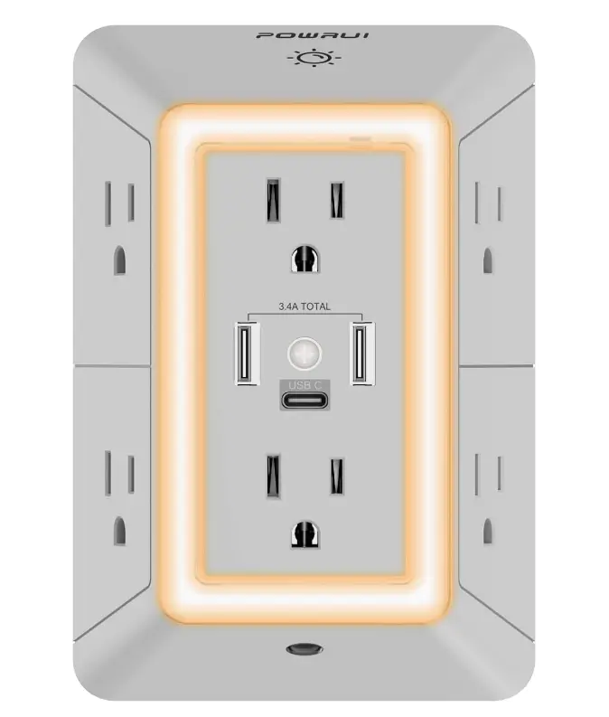 Outlet Extender Power Strip, POWRUI 6 AC Surge Protector Outlets with 3 USB Ports (1 USB C) and Night Light, 3-Sided Multi Plug Wall Outlet with Spaced Outlets - Grey, ETL Listed