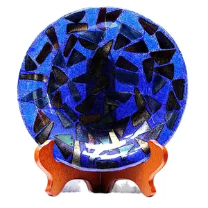 Fused Glass Decorative Plate-Transparent Blue with Metallic Iridescent Accents Circular