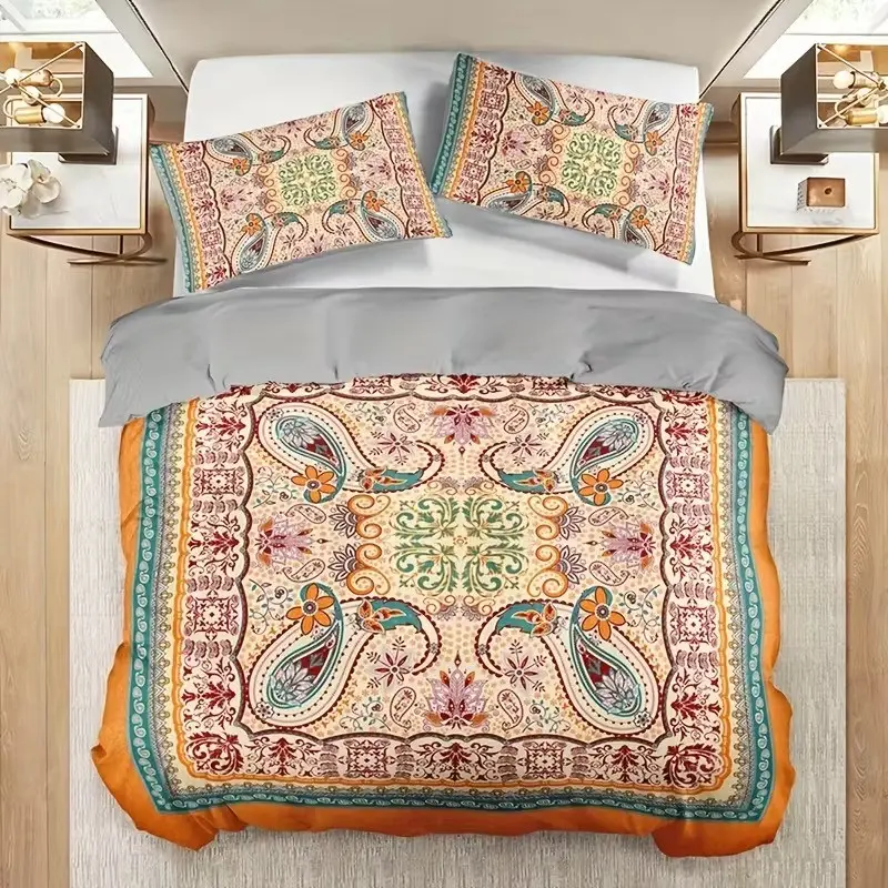 3pcs Boho Style High-Definition Digital Print Bedroom Bedding Set, Includes Fitted Sheet and Pillowcases, Durable and Easy to Clean