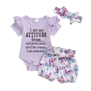 Newborn Baby Girl Summer Outfit Set I Get My Attitude from Women Ruffle Bodysuit Butterfly Print Shorts Headband 3PCS Clothes