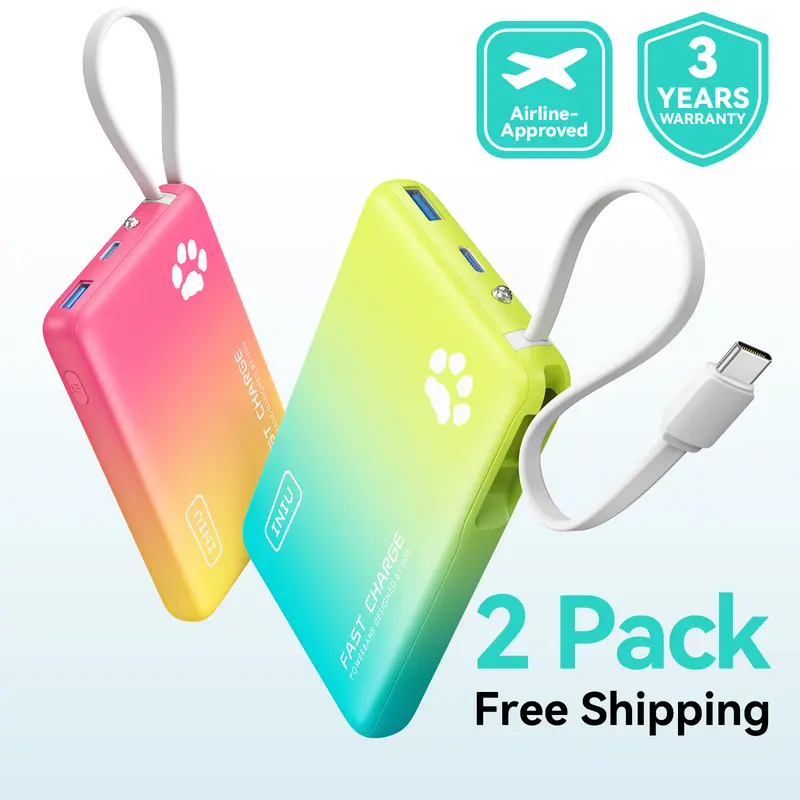 INIU【2 PACK】PawGO 45W 10000mAh Power bank, Slim PD Fast Charging Portable Charger with Build in USB-C Cable,  Perfect Gift Travel Camping Battery Pack, External Phone Charger for iPhone 17 16 15 14 13 12 11 Series Samsung Google Pixel iPad Compact Handy 0