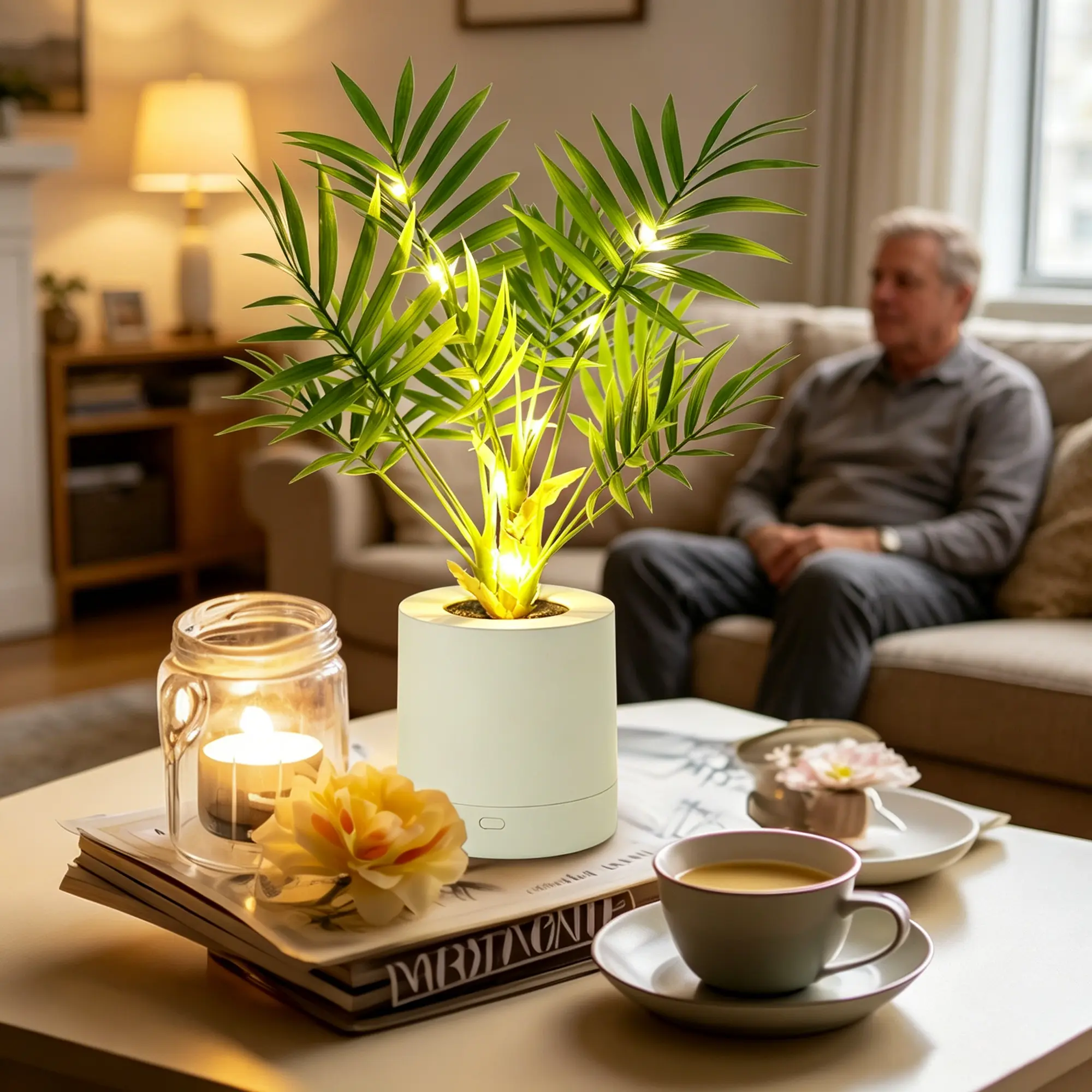 Artificial Palm Tree Light, LED Potted Palm Bonsai Table Lamp, USB Rechargeable Plant Night Light, Dimmable Warm Light Desk Decor Lamp, Housewarming Gift for Home