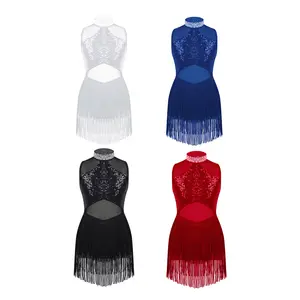 Kids Girls Sleeveless Sequins Tassel Dance Leotards