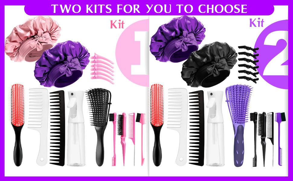 【Spring Glow-Up】17 Counts Hair Brush Set for Women Men Kids Detangler Brush Wide Tooth Comb Nylon Bristle 9-Row Brush Satin Bonnet  Styling Tools Purple Love At First Find