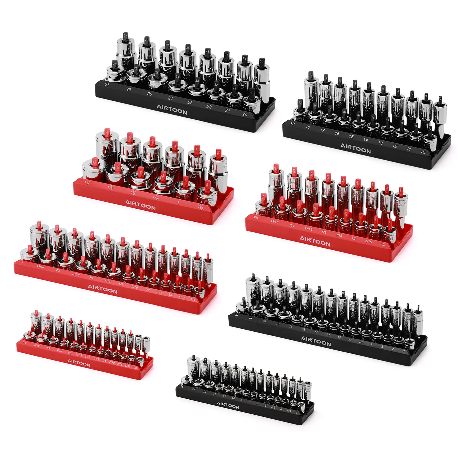 8-Piece Socket Organizer Trays, SAE and Metric Socket Tray Set, 1/4", 3/8", and 1/2" Drive Deep and Standard Socket Holders Organizers for Toolbox, Black & Red , DEALS FOR YOU DAY